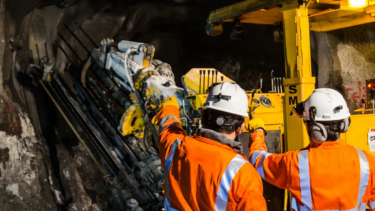 Industrial crew in protective gear working a drilling rig