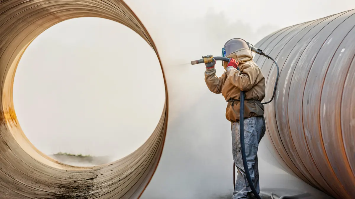 Sandblasting crew removing coating from steel structure